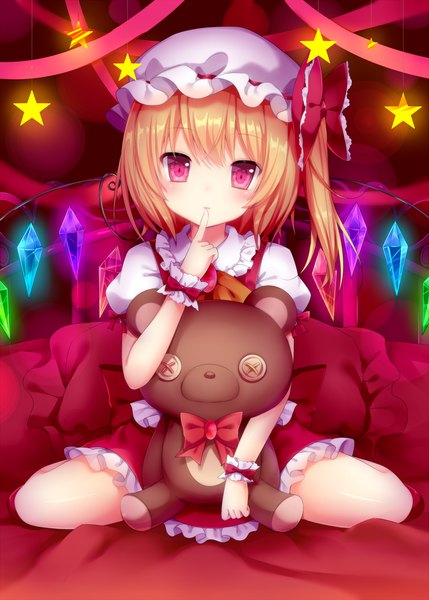Anime picture 1000x1398 with touhou flandre scarlet nachi single tall image looking at viewer blush short hair blonde hair sitting head tilt pink eyes hug one side up finger to mouth wariza pale skin girl dress ribbon (ribbons)