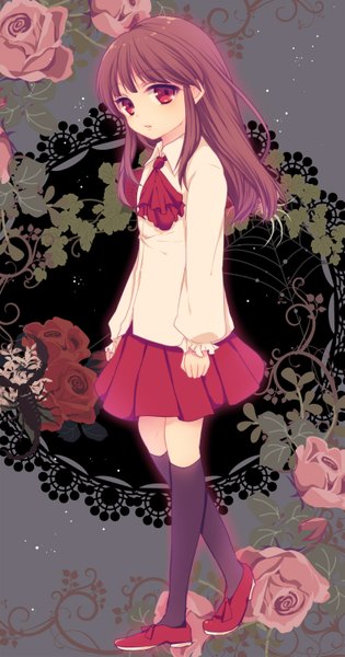 Anime picture 789x1500 with ib (game) ib (ib) chi yu single long hair tall image looking at viewer blush fringe red eyes brown hair girl flower (flowers) socks black socks neckerchief blouse