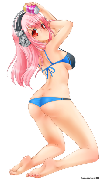 Anime picture 1408x2465 with nitroplus super sonico racoon-kun long hair tall image breasts light erotic red eyes pink hair looking back barefoot transparent background girl swimsuit bikini headphones