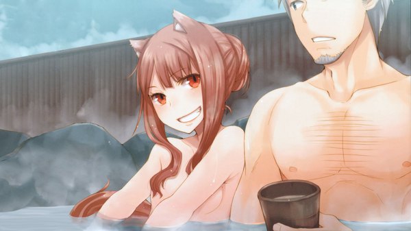 Anime picture 2844x1600 with spice and wolf horo craft lawrence ayakura juu long hair looking at viewer blush highres short hair light erotic smile red eyes brown hair wide image bare shoulders holding animal ears sky cloud (clouds) outdoors