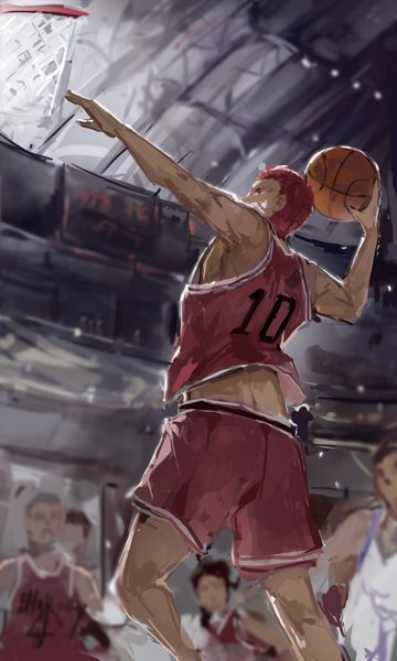 Anime picture 2480x4133 with slam dunk (series) sakuragi hanamichi saberiii tall image highres short hair red hair multiple boys looking up jumping basketball slam dunk (basketball) boy uniform gym uniform ball basket basketball ball basketball uniform stadium