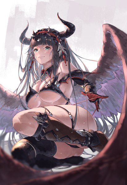 Anime picture 1984x2888 with granblue fantasy magus (granblue fantasy) yu pian single long hair tall image looking at viewer fringe highres breasts light erotic black hair large breasts sitting bent knee (knees) blunt bangs horn (horns) aqua eyes fang (fangs) official alternate costume