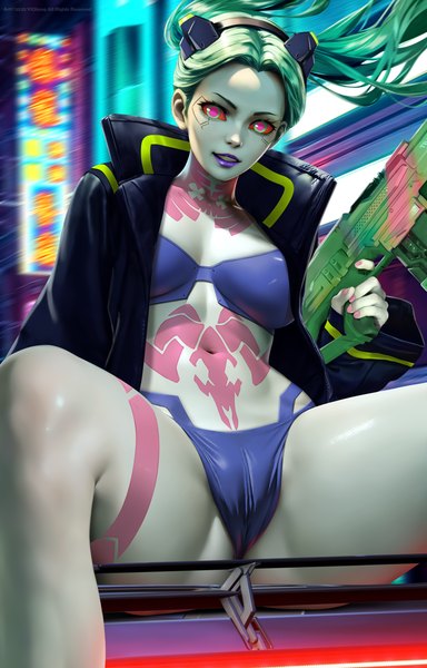 Anime picture 3700x5782 with cyberpunk edgerunners studio trigger rebecca (cyberpunk) yi qiang single long hair tall image looking at viewer highres breasts light erotic large breasts sitting twintails green eyes absurdres cleavage outdoors nail polish parted lips
