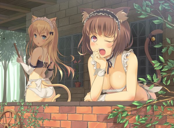 Anime picture 1280x945 with supertie long hair short hair open mouth light erotic blonde hair red eyes brown hair multiple girls green eyes animal ears tail animal tail one eye closed wink from behind maid cat girl yawn girl