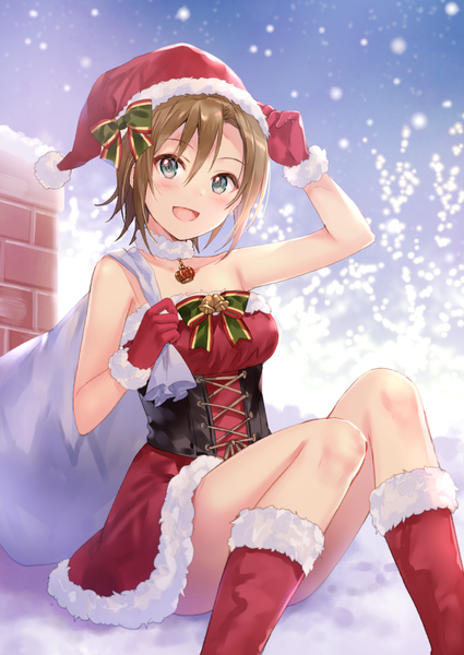 Anime picture 708x1000 with idolmaster idolmaster cinderella girls tada riina fukahire (ruinon) single tall image looking at viewer blush fringe short hair breasts open mouth smile hair between eyes brown hair sitting bare shoulders holding sky bent knee (knees)