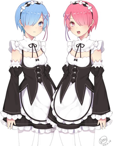 Anime picture 950x1224 with re:zero kara hajimeru isekai seikatsu white fox rem (re:zero) ram (re:zero) na yeon tall image looking at viewer fringe short hair open mouth blue eyes simple background standing white background multiple girls signed blue hair parted lips hair over one eye wide sleeves