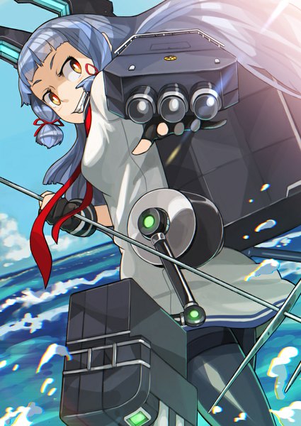 Anime picture 724x1023 with kantai collection murakumo destroyer rano single long hair tall image smile payot blue hair looking away sky cloud (clouds) blunt bangs orange eyes eyebrows tress ribbon girl gloves uniform ribbon (ribbons)
