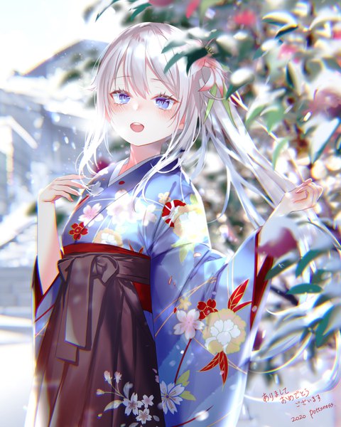 Anime picture 2400x3000 with girls frontline 9a-91 (girls frontline) pottsness single long hair tall image looking at viewer blush fringe highres open mouth blue eyes smile hair between eyes standing signed payot silver hair outdoors ponytail