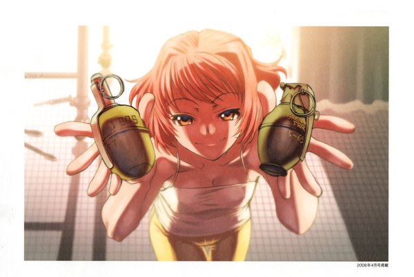 Anime picture 3303x2216 with hiroe rei looking at viewer highres short hair smile yellow eyes cleavage scan pants grenade