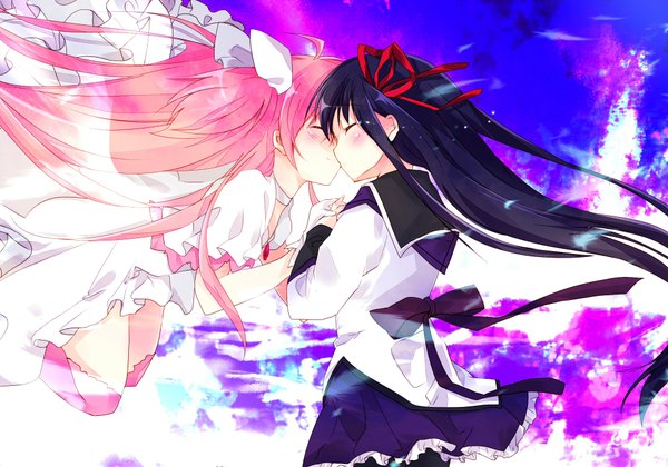 Anime picture 2000x1400 with mahou shoujo madoka magica shaft (studio) akemi homura kaname madoka goddess madoka long hair blush highres black hair multiple girls pink hair eyes closed profile shoujo ai crying kiss girl dress skirt uniform