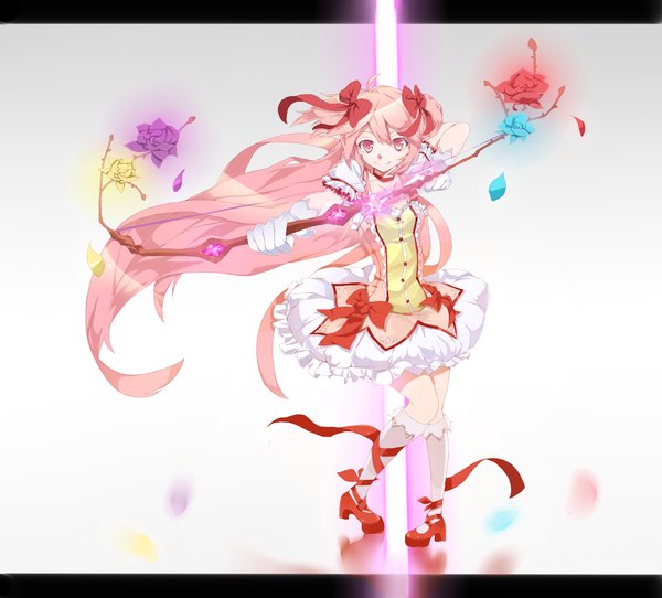 Anime picture 2100x1900 with mahou shoujo madoka magica shaft (studio) kaname madoka hajime kaname long hair highres smile pink hair pink eyes letterboxed girl dress gloves flower (flowers) rose (roses) red rose bow (weapon) blue rose purple rose yellow rose