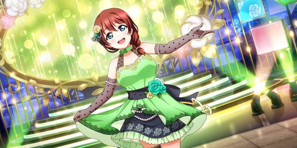 Anime picture 3600x1800 with love live! nijigasaki high school idol club sunrise (studio) love live! emma verde single long hair looking at viewer blush fringe highres open mouth blue eyes smile hair between eyes wide image standing bare shoulders red hair braid (braids) :d