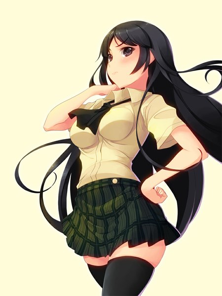 Anime picture 750x1000 with boku wa tomodachi ga sukunai mikazuki yozora koflif single long hair tall image blush black hair simple background looking away black eyes zettai ryouiki hand on hip girl thighhighs skirt black thighhighs shirt green skirt