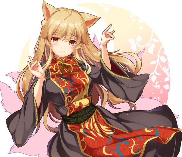 Anime picture 928x800 with touhou junko (touhou) moneti (daifuku) single long hair looking at viewer blush fringe breasts blonde hair smile hair between eyes red eyes large breasts animal ears ahoge tail long sleeves traditional clothes head tilt