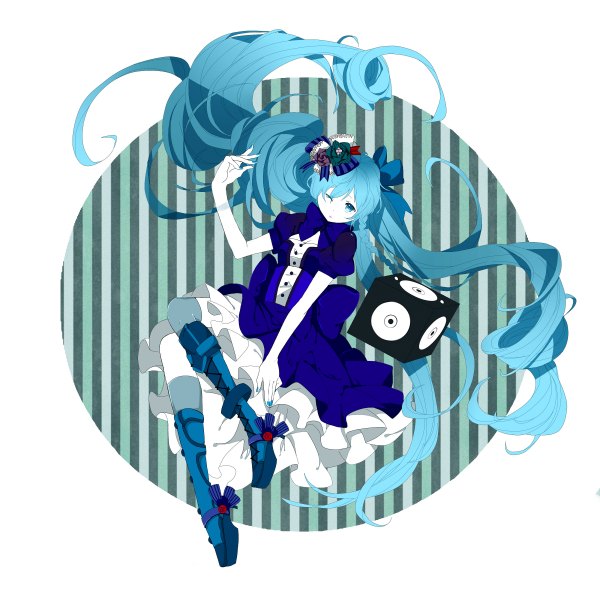 Anime picture 2400x2400 with vocaloid hatsune miku okuya (artist) single looking at viewer highres blue eyes twintails blue hair very long hair nail polish one eye closed wink striped lacing striped background dress hair ornament bow frills
