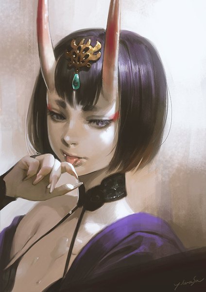 Anime picture 566x800 with fate (series) fate/grand order shuten douji (fate) yuu kikuchi single tall image fringe short hair simple background purple eyes signed purple hair upper body blunt bangs horn (horns) fingernails realistic off shoulder grey background fang (fangs)