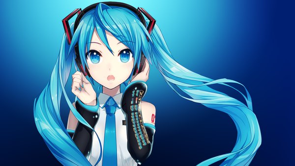 Anime picture 3840x2160 with vocaloid hatsune miku assassinwarrior ixima single long hair looking at viewer fringe highres open mouth blue eyes simple background hair between eyes wide image twintails blue hair absurdres upper body nail polish tattoo