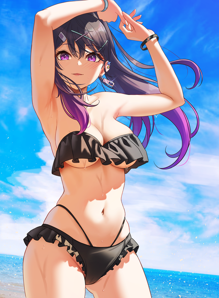 Anime picture 2590x3517 with original solar (happymonk) single long hair tall image looking at viewer blush fringe highres breasts open mouth light erotic black hair hair between eyes large breasts standing purple eyes sky cloud (clouds) outdoors