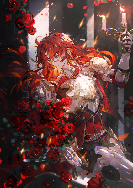 Anime picture 2480x3508 with honkai: star rail honkai (series) argenti (honkai: star rail) zishengtian123 single long hair tall image highres looking away ahoge red hair grey eyes boy flower (flowers) armor rose (roses) red rose candle (candles)
