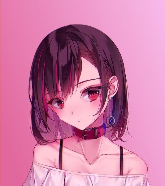 Anime picture 2400x2700 with original shokuyou koori single tall image looking at viewer blush fringe highres short hair black hair simple background hair between eyes red eyes bare shoulders upper body head tilt multicolored hair off shoulder two-tone hair streaked hair
