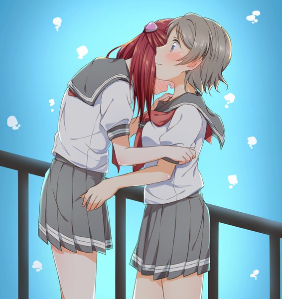 Anime picture 1478x1567 with love live! sunshine!! sunrise (studio) love live! sakurauchi riko watanabe you yuchi (salmon-1000) long hair tall image blush short hair open mouth blue eyes simple background brown hair standing multiple girls red hair pleated skirt bare legs short sleeves