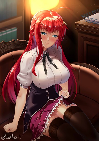 Anime picture 595x842 with highschool dxd rias gremory butter-t single long hair tall image looking at viewer blush fringe breasts blue eyes smile hair between eyes large breasts sitting signed payot ahoge red hair indoors