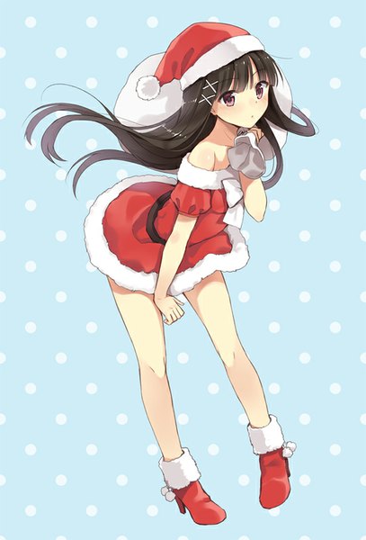 Anime picture 550x809 with original kurasawa moko single long hair tall image looking at viewer blush fringe black hair standing bare shoulders pink eyes high heels leaning leaning forward fur trim christmas blue background polka dot polka dot background