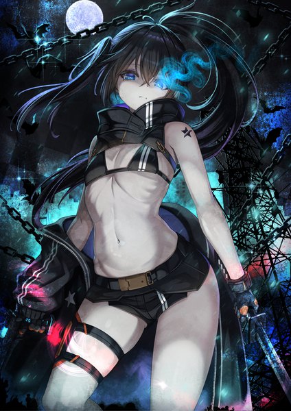Anime picture 919x1300 with black rock shooter black rock shooter (character) cenangam single long hair tall image looking at viewer fringe blue eyes light erotic black hair hair between eyes standing twintails holding from below floating hair glowing flat chest glowing eye (eyes)
