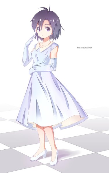 Anime picture 772x1228 with idolmaster kikuchi makoto ns.x single tall image looking at viewer blush fringe short hair open mouth white background purple eyes purple hair inscription girl dress gloves elbow gloves shoes white dress