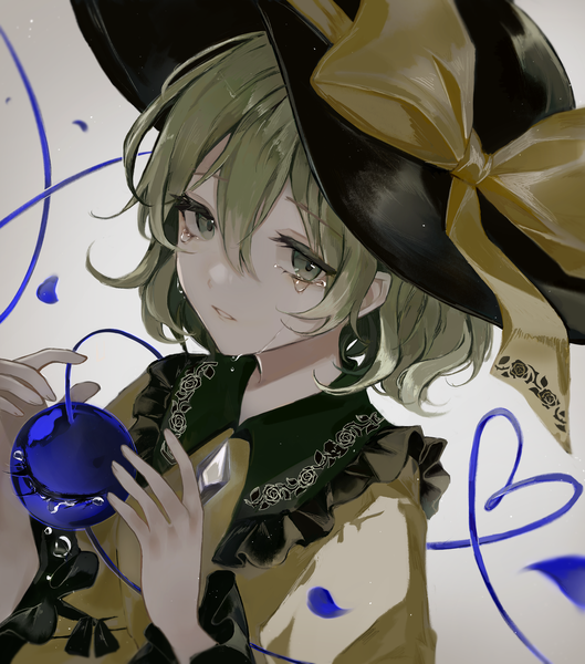 Anime picture 3245x3679 with touhou komeiji koishi hanaya (fleur) single tall image fringe highres short hair hair between eyes green eyes absurdres upper body green hair from above tears heart of string girl hat petals heart