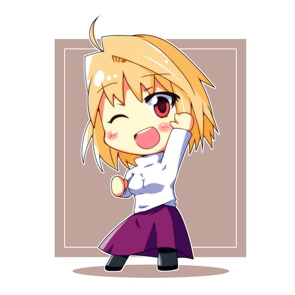 Anime picture 800x800 with shingetsutan tsukihime type-moon arcueid brunestud nihonbato single blush fringe short hair open mouth simple background blonde hair red eyes standing full body ahoge one eye closed arm up wink teeth shadow