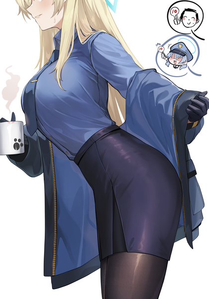 Anime picture 4419x6304 with blue archive sensei (blue archive) doodle sensei (blue archive) kanna (blue archive) valkyrie police academy student (blue archive) inapple single long hair tall image highres breasts light erotic simple background blonde hair large breasts standing white background absurdres arched back head out of frame