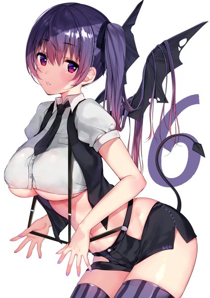 Anime picture 600x848 with original matarou (genkai toppa) single long hair tall image looking at viewer blush fringe breasts light erotic simple background hair between eyes red eyes large breasts standing white background purple hair tail parted lips underboob