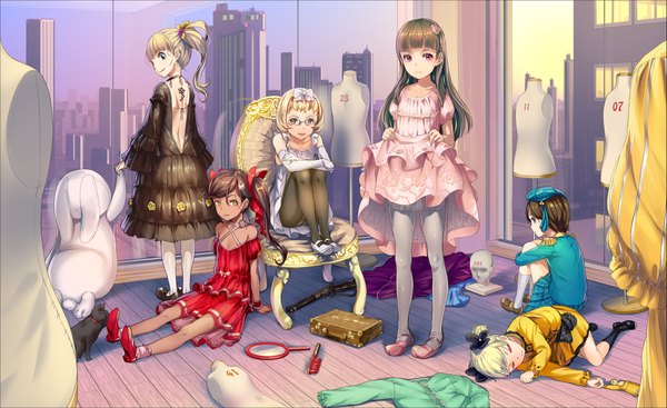 Anime picture 1957x1200 with original sody (artist) long hair looking at viewer fringe highres short hair light erotic blonde hair brown hair wide image standing sitting twintails purple eyes multiple girls brown eyes full body indoors blunt bangs