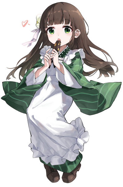 Anime picture 2371x3589 with gochuumon wa usagi desu ka? white fox ujimatsu chiya sentter single long hair tall image looking at viewer fringe highres open mouth simple background brown hair white background green eyes full body blunt bangs traditional clothes japanese clothes jumping
