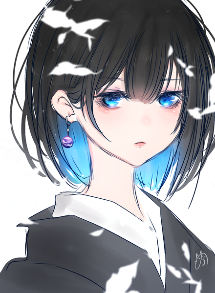 Anime picture 1100x1500 with original nora (salatto) single tall image looking at viewer blush fringe short hair blue eyes black hair simple background hair between eyes white background signed blue hair upper body blunt bangs traditional clothes japanese clothes multicolored hair