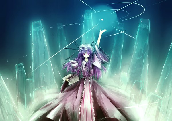 Anime picture 1292x913 with touhou patchouli knowledge arufa (hourai-sugar) single long hair purple eyes purple hair magic girl dress hat book (books)