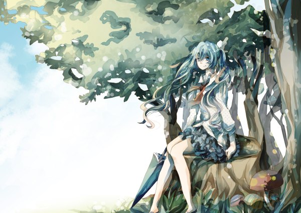 Anime picture 1200x850 with vocaloid hatsune miku rio (artist) single long hair blue eyes blue hair aqua hair girl dress plant (plants) tree (trees) umbrella mushroom (mushrooms)