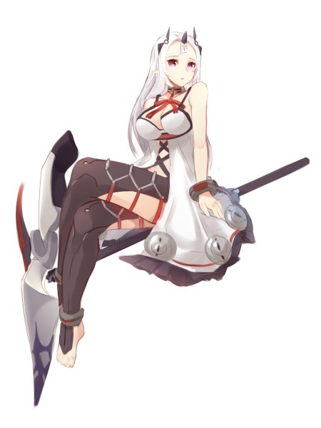 Anime picture 900x1200 with closers levia (closers) ss0l (skghek) single long hair tall image looking at viewer breasts light erotic simple background large breasts white background cleavage bent knee (knees) white hair pink eyes barefoot horn (horns) no shoes crossed legs