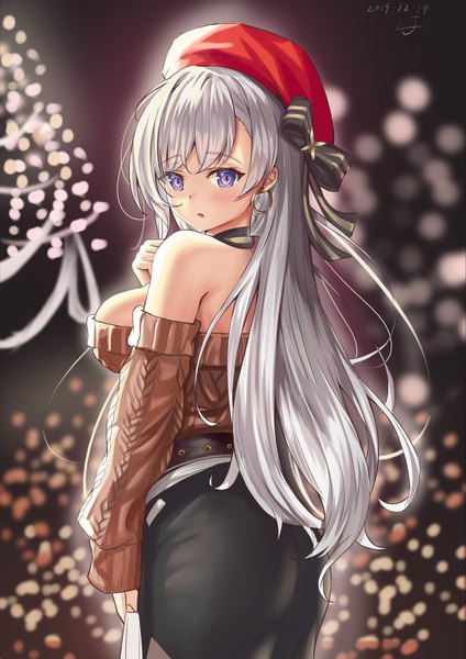 Anime picture 2894x4092 with azur lane belfast (azur lane) belfast (shopping with the head maid) (azur lane) l.j. single long hair tall image looking at viewer blush fringe highres breasts open mouth light erotic hair between eyes large breasts standing purple eyes bare shoulders holding