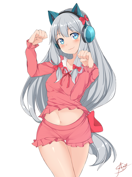 Anime picture 940x1253 with eromanga sensei a-1 pictures izumi sagiri aori sora single long hair tall image looking at viewer blush fringe blue eyes simple background smile white background signed animal ears silver hair head tilt cat ears shiny skin