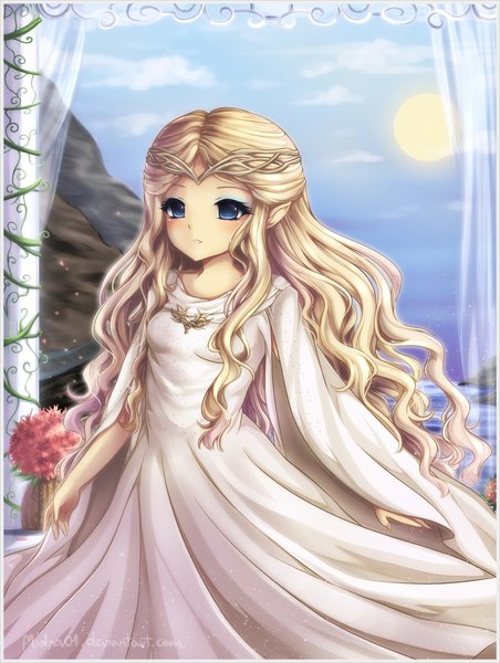 Anime picture 1280x1700 with lord of the rings galadriel midna01 single long hair tall image blush blue eyes blonde hair standing sky pointy ears girl dress white dress