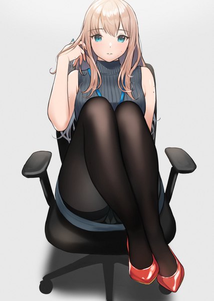 Anime picture 859x1208 with original doushimasho single long hair tall image looking at viewer blush fringe light erotic simple background blonde hair sitting bare shoulders payot full body bent knee (knees) parted lips aqua eyes grey background mole