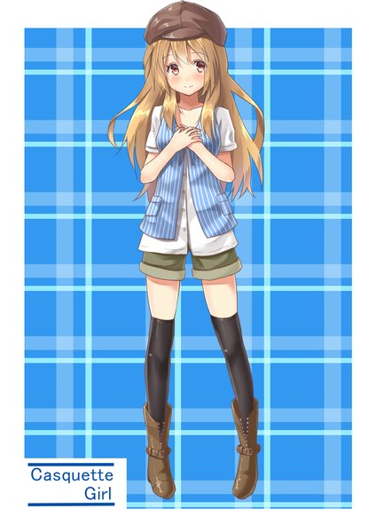 Anime picture 1060x1500 with original alexmaster long hair tall image looking at viewer blush blonde hair eyes closed girl thighhighs black thighhighs shorts boots flat cap