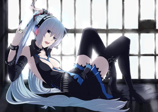 Anime picture 2338x1653 with type-h vocaloid hagane miku long hair highres light erotic twintails white hair nail polish mmm girl thighhighs detached sleeves headphones