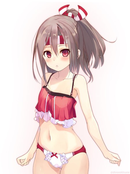 Anime picture 600x800 with kantai collection zuihou light aircraft carrier shirokitsune single tall image looking at viewer blush short hair light erotic simple background brown hair standing white background bare shoulders signed ponytail parted lips pink eyes :o underwear only