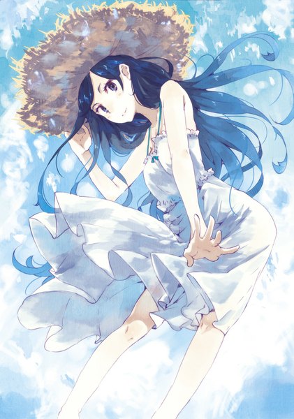 Anime picture 752x1072 with original hrd single long hair tall image looking at viewer purple eyes bare shoulders blue hair sky cloud (clouds) wind from below girl dress hat white dress sundress straw hat
