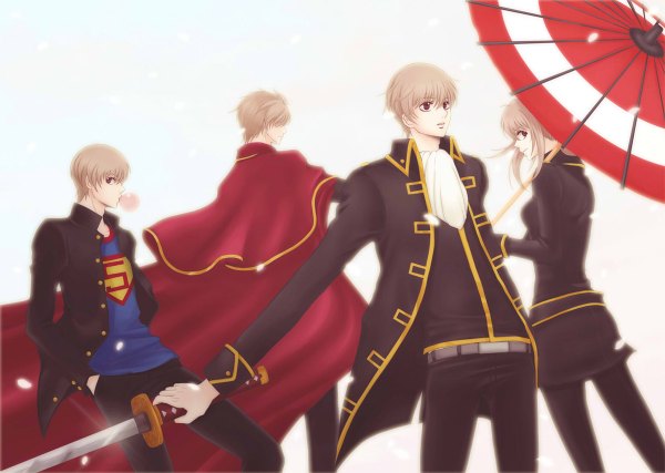 Anime picture 1200x854 with gintama sunrise (studio) okita sougo siro short hair simple background blonde hair red eyes profile looking back from behind open clothes open jacket back hands in pockets genderswap multiple persona girl boy uniform