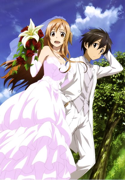 Anime picture 1569x2264 with sword art online a-1 pictures yuuki asuna kirigaya kazuto long hair tall image short hair open mouth black hair smile brown hair brown eyes black eyes scan official art couple girl dress boy gloves