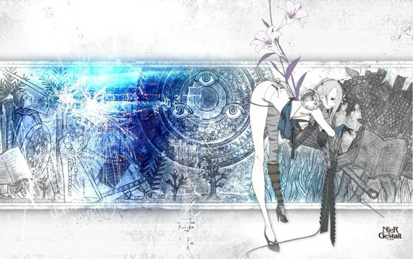 Anime picture 1260x793 with nier kaine (nier) single fringe light erotic holding braid (braids) hair flower grey hair hair over one eye monochrome lacing dual wielding eyes logo knight girl boy gloves hair ornament